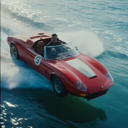 an old red ferrari parked in the middle of the ocean
