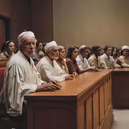 a row of people sitting at desks in front of the audience
