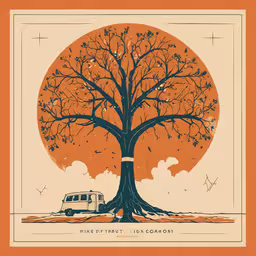 an orange circle with the words west by transit in it and a tree with leaves,a poster depicting the tree in front of an orange sun