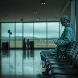a woman is sitting on the seat of an airport waiting