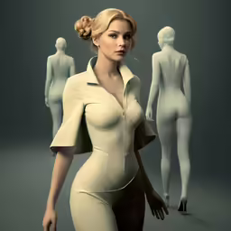 a lady in a white dress with very short hair