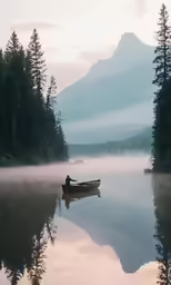a small boat floating on top of a river under a forest
