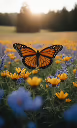 a single monarch butterfly flying over the wild flowers