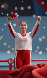 a woman with her hand up and wearing red and white attire