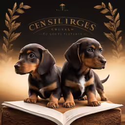 two black and tan dogs sitting on a book
