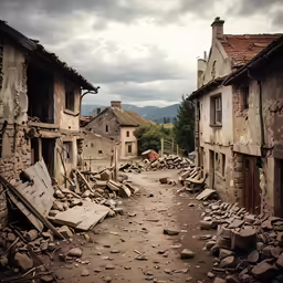 a dirty road with some dilapidated houses in the background