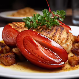 meat and tomatoes on a white plate with silverware