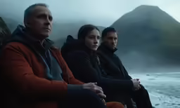 the woman and man are sitting on the rock