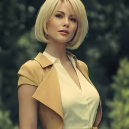 woman with short blonde hair, wearing a white dress and trench