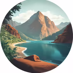 mountain landscape with water, clouds and pine trees