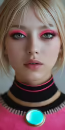 a woman with an eye makeup has bright blue eyes and pale hair