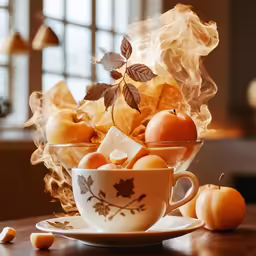 an old cup with a leaf and some fruit inside of it