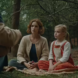 two girls sitting on the grass, one with her hands in the lap, the other with her hands out