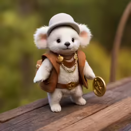 a white toy bear wearing a hat, scarf and vest