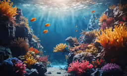 an underwater scene showing corals, fish, and bubbles
