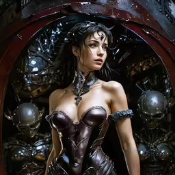 a girl wearing an all - leather corset, full figure photo