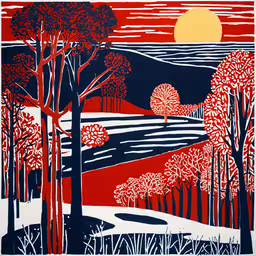an artwork with trees and grass in the background,an image of a red and blue landscape