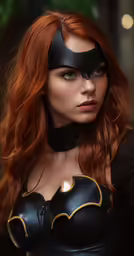 redhead - haired woman dressed as batman for the tv series the dark knight returns