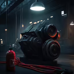 large camera with red gas can near by in the middle of dark room