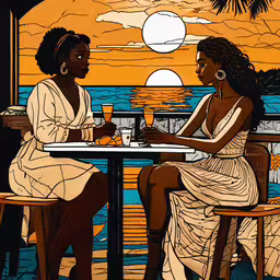 an illustration of two women sitting at a table together,a painting of two women sitting at a table drinking wine