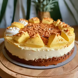 a white cake on a wooden platter on a wooden table