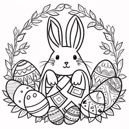 the bunny holds an easter egg surrounded by eggs