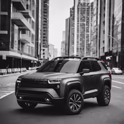 an suv parked in a parking lot with city buildings