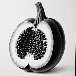 black and white photo of a cut up half eaten papaya