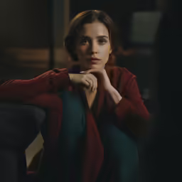 a woman with dark hair and red sweater sitting in a chair