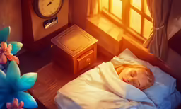 a small girl lying on her bed looking at the clock