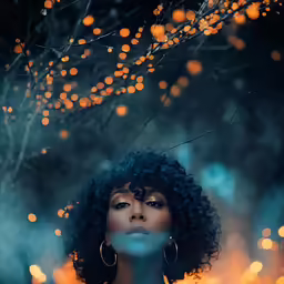 a woman wearing gold hoop earrings and earrings standing by a tree