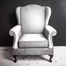 an old chair sits in a room that has some black and white prints on the wall