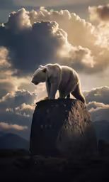 a lone polar bear standing on top of a rock formation