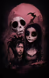 three people in costume with two skeleton heads
