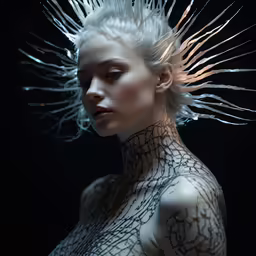 woman with white hair is dressed in metal