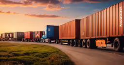 three semi trucks are being driven down a road,a road full of semi trucks in rows on it