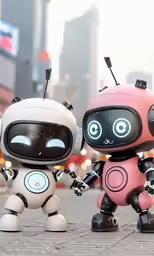 two robots walking across a street next to tall buildings