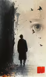 a man standing in front of a window with birds flying over it