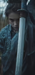 the woman in the dark is holding a sword
