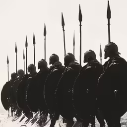a large group of men in uniforms and helmets on horseback