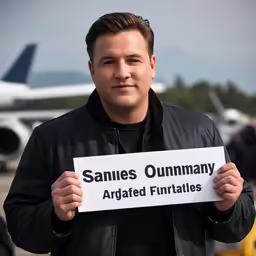 a man in a leather jacket is holding a sign