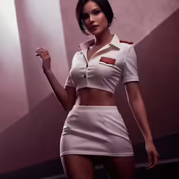 a girl in a short skirt and a shirt with a collar