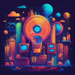 a computer science art work with many planets,colorful space artwork with the earth and a few televisions