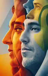 three male faces surrounded by shapes and color