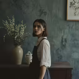 the woman is standing next to a vase with a plant