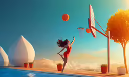 a young girl leaping up into the air to dunk a basketball