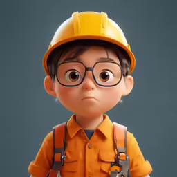 a character wearing glasses and an orange shirt