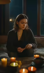 a young lady sits in front of a bed with candles