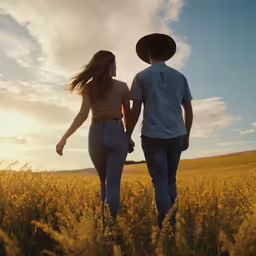 a young man and woman standing in a field with a sun behind them