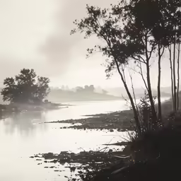 a boat is on the water near trees